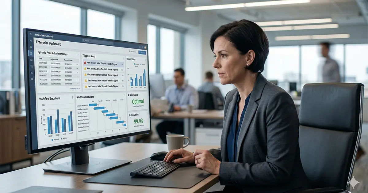 Business leader reviewing real time AI driven decisions across multiple systems