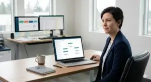 AI system autonomously executing business decisions while a business owner reviews structured workflow dashboard