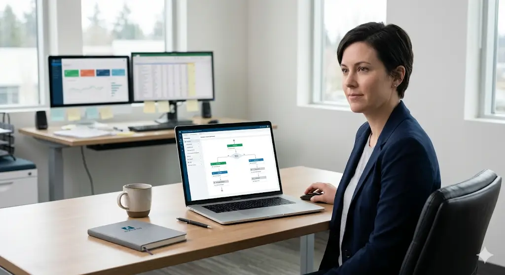 AI system autonomously executing business decisions while a business owner reviews structured workflow dashboard