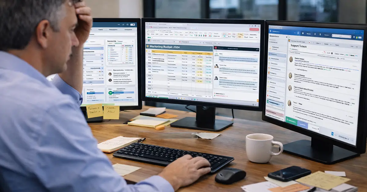 Business professional struggling with disconnected tools and inefficient workflows