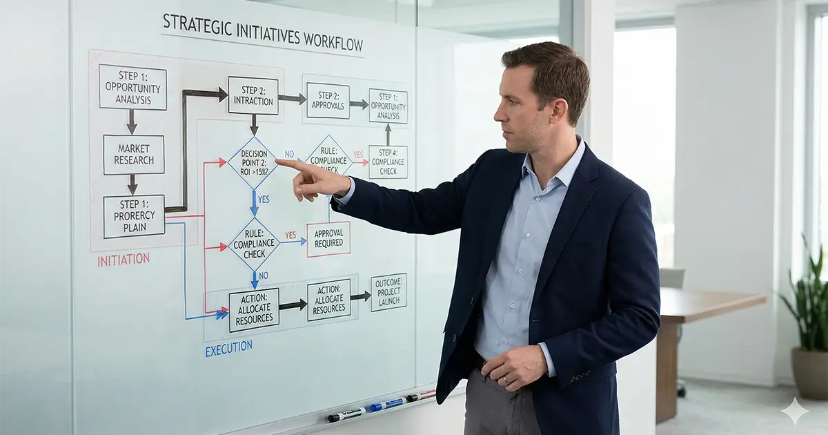 Structured workflow diagram showing governance rules and decision boundaries for AI systems