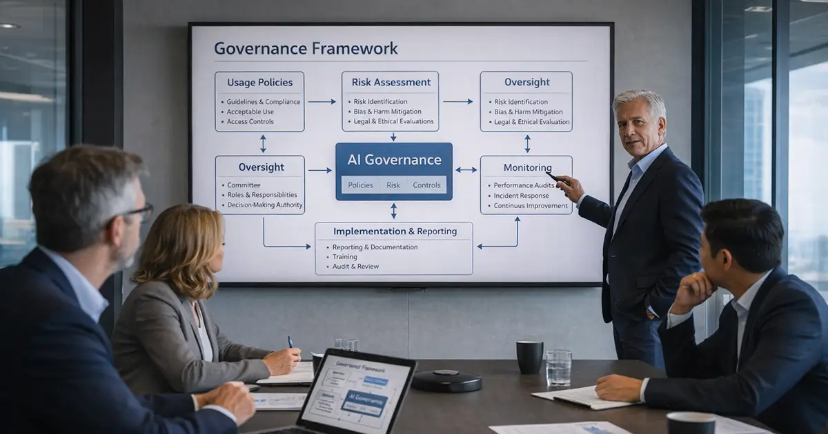 Business leader presenting a clear and structured AI governance framework to a team