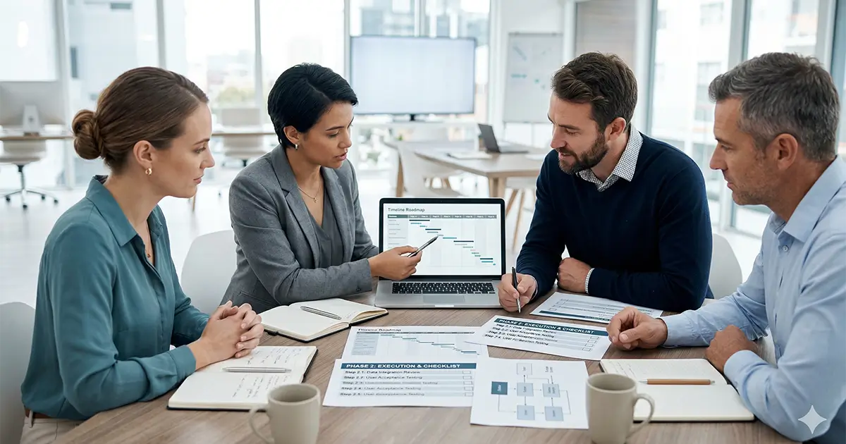 Business team planning AI strategy with workflow diagrams checklists and structured roadmap