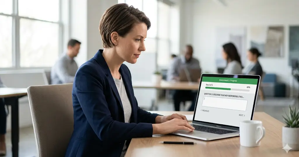 Business owner completing AI readiness assessment on laptop with clean structured form interface