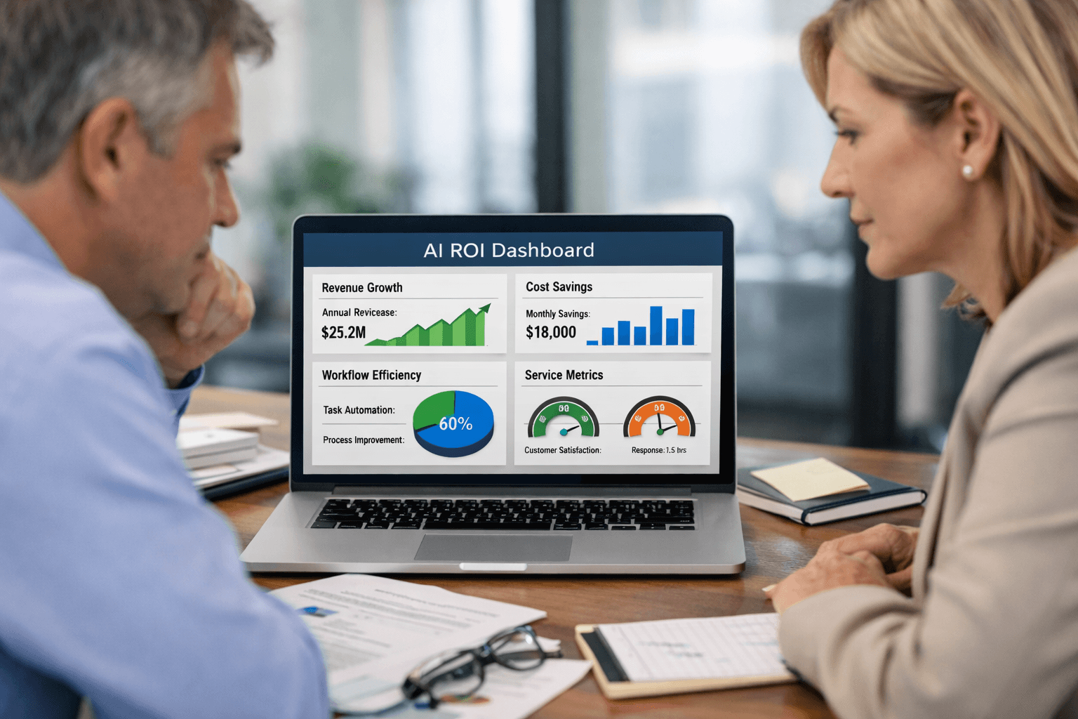 Business leaders reviewing an AI ROI dashboard showing revenue, cost savings, and efficiency metrics.