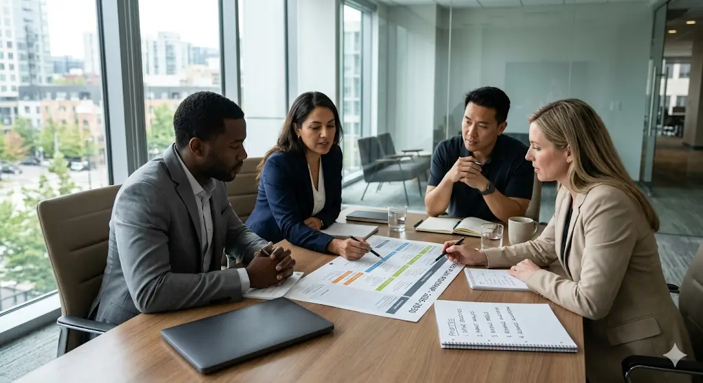 Leadership team discussing AI strategy before selecting software tools
