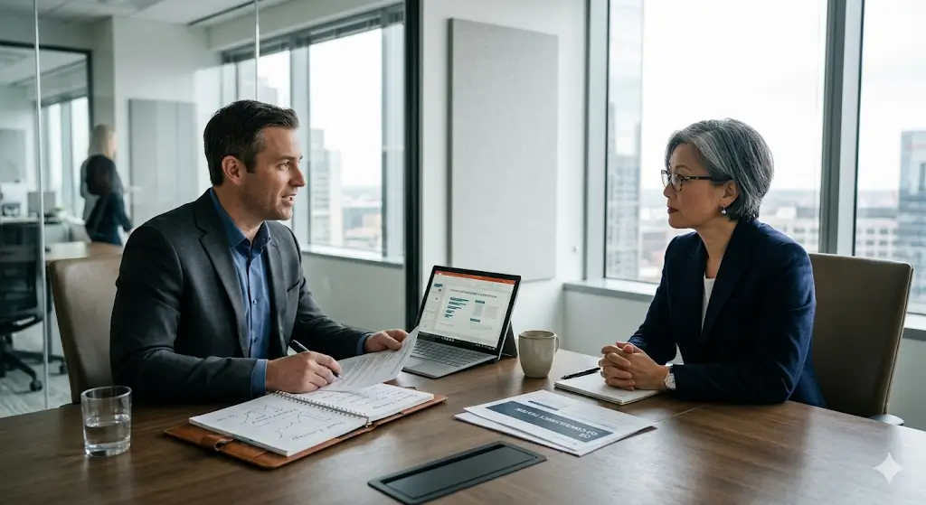 Business leader evaluating an AI consultant during a focused strategy meeting