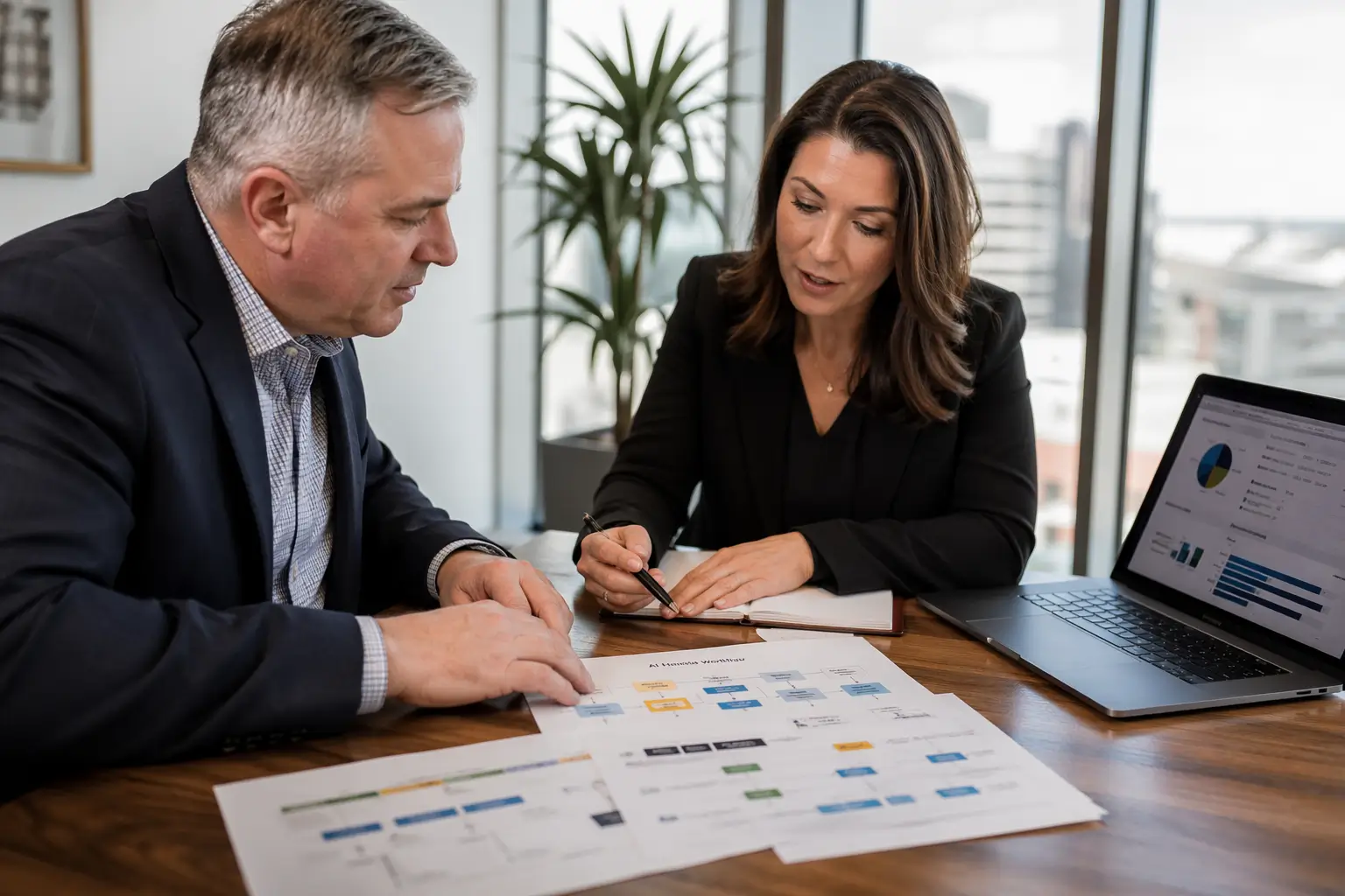 Business owner and consultant discussing a customized AI implementation strategy in a modern office