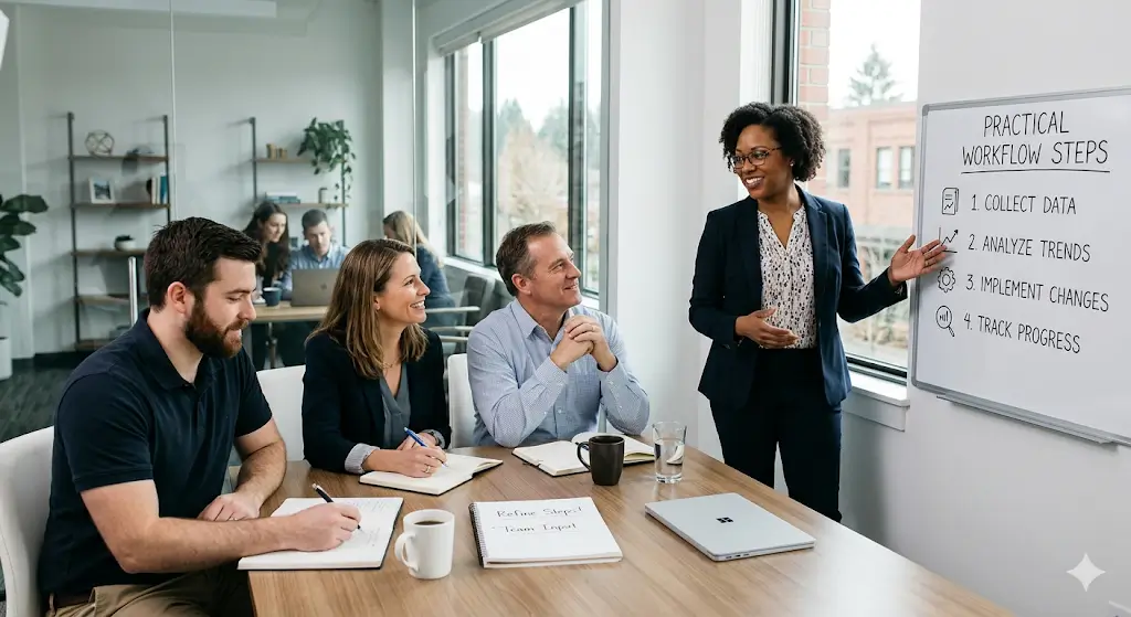 AI consultant clearly explaining business process improvements to a client team