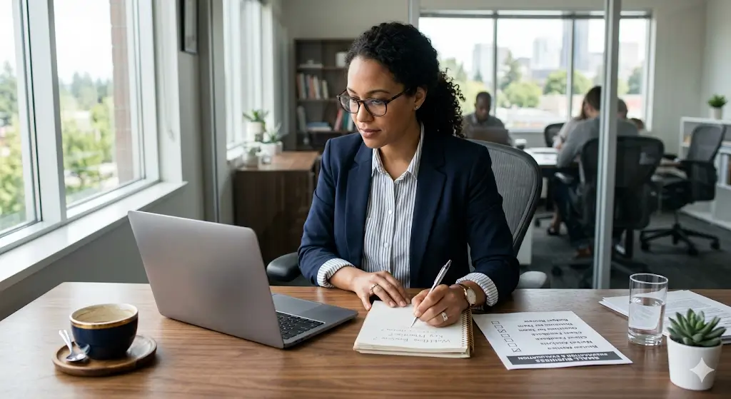 Business owner preparing questions and notes before hiring an AI consultant