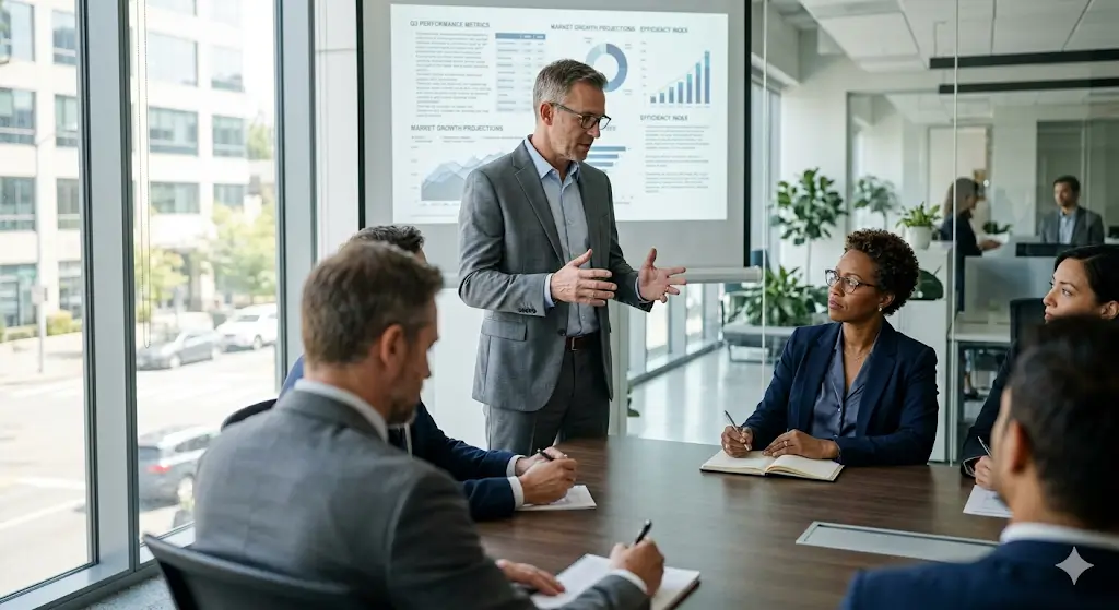 Business decision maker looking skeptical during an overly complicated consulting pitch
