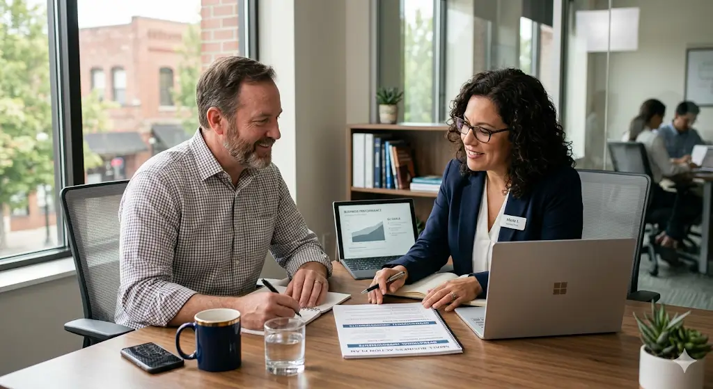 Small business owner meeting with a consultant to discuss practical AI improvements