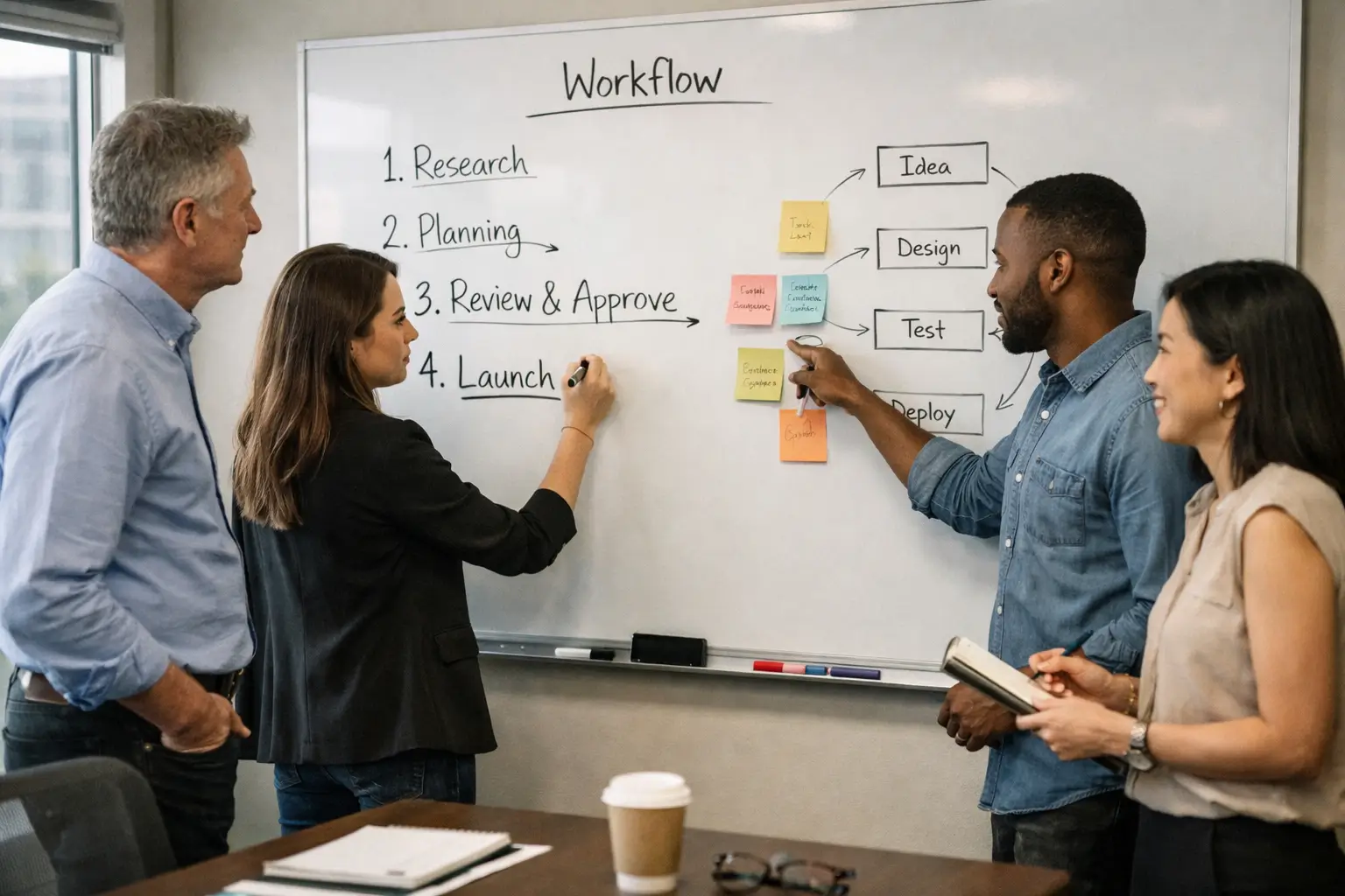 Consultant reviewing a company workflow diagram with a business team during an AI strategy session